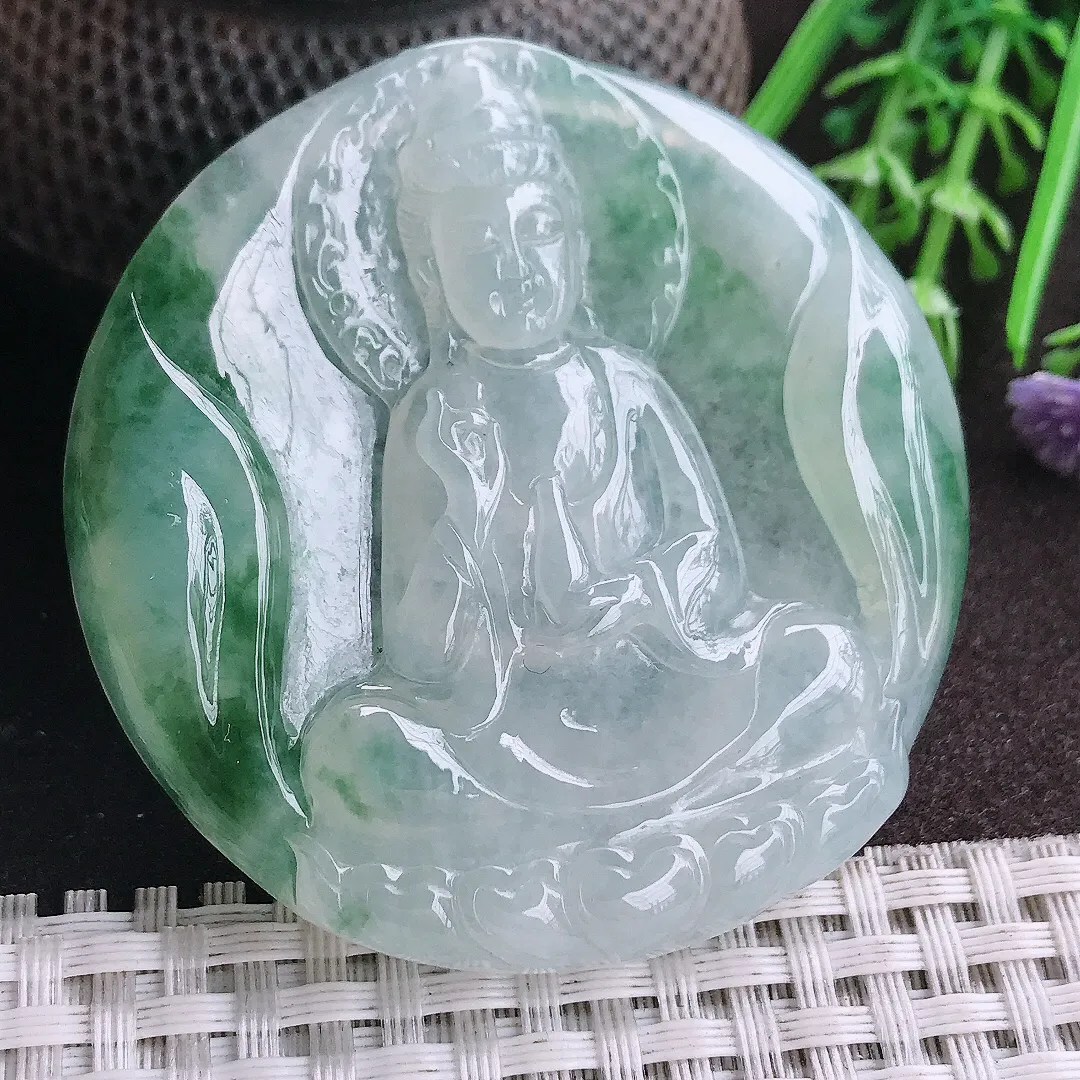 天然A货翡翠56.5/7.6老坑冰胶果冻飘花素衣观音吊坠翡翠挂件