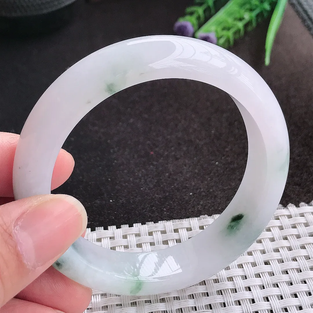 天然A货翡翠56.5/14/8.8老坑冰润起胶飘花手镯宽边玉镯