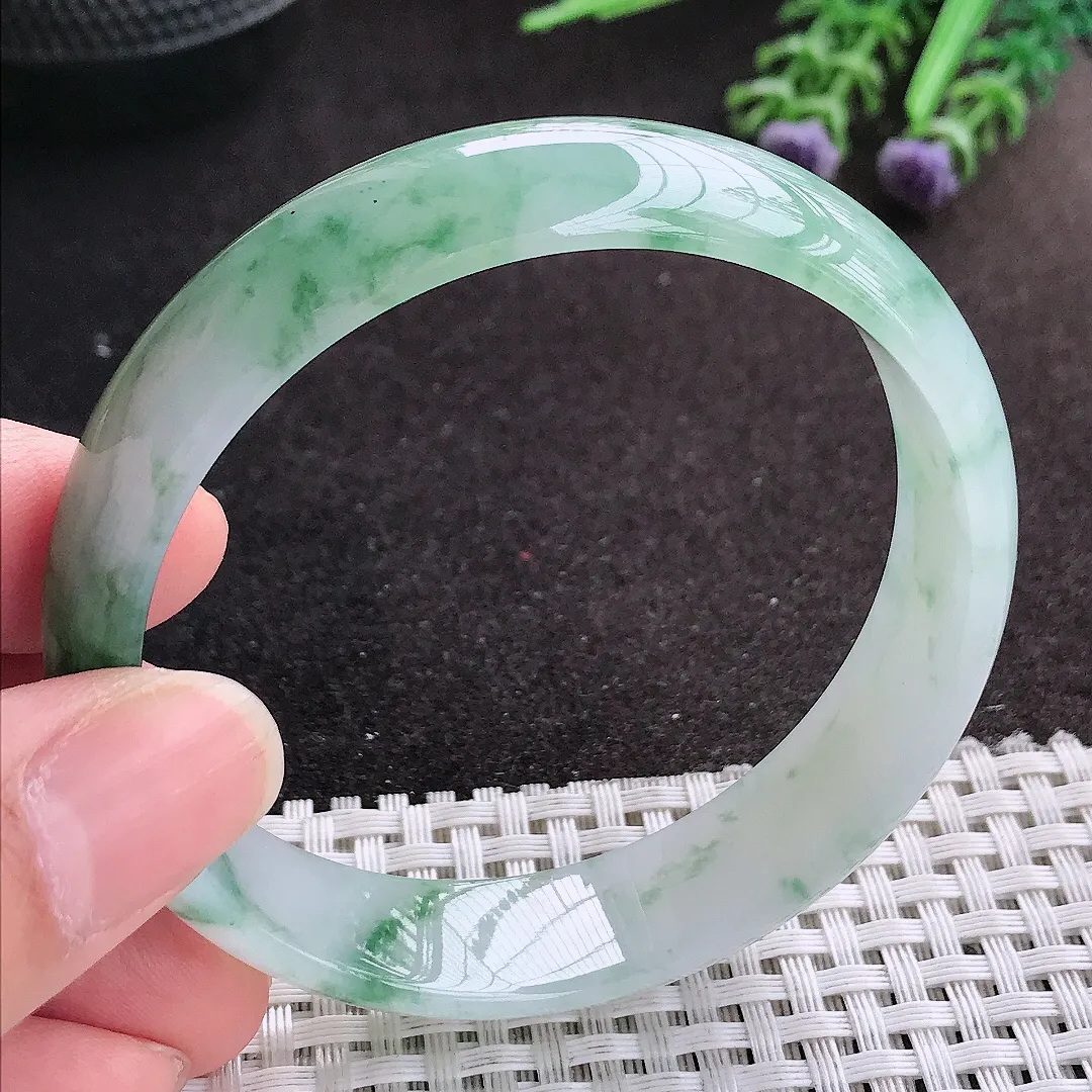 天然A货翡翠58.5/14.8/6.5老坑冰胶果冻冰飘花手镯宽边玉镯