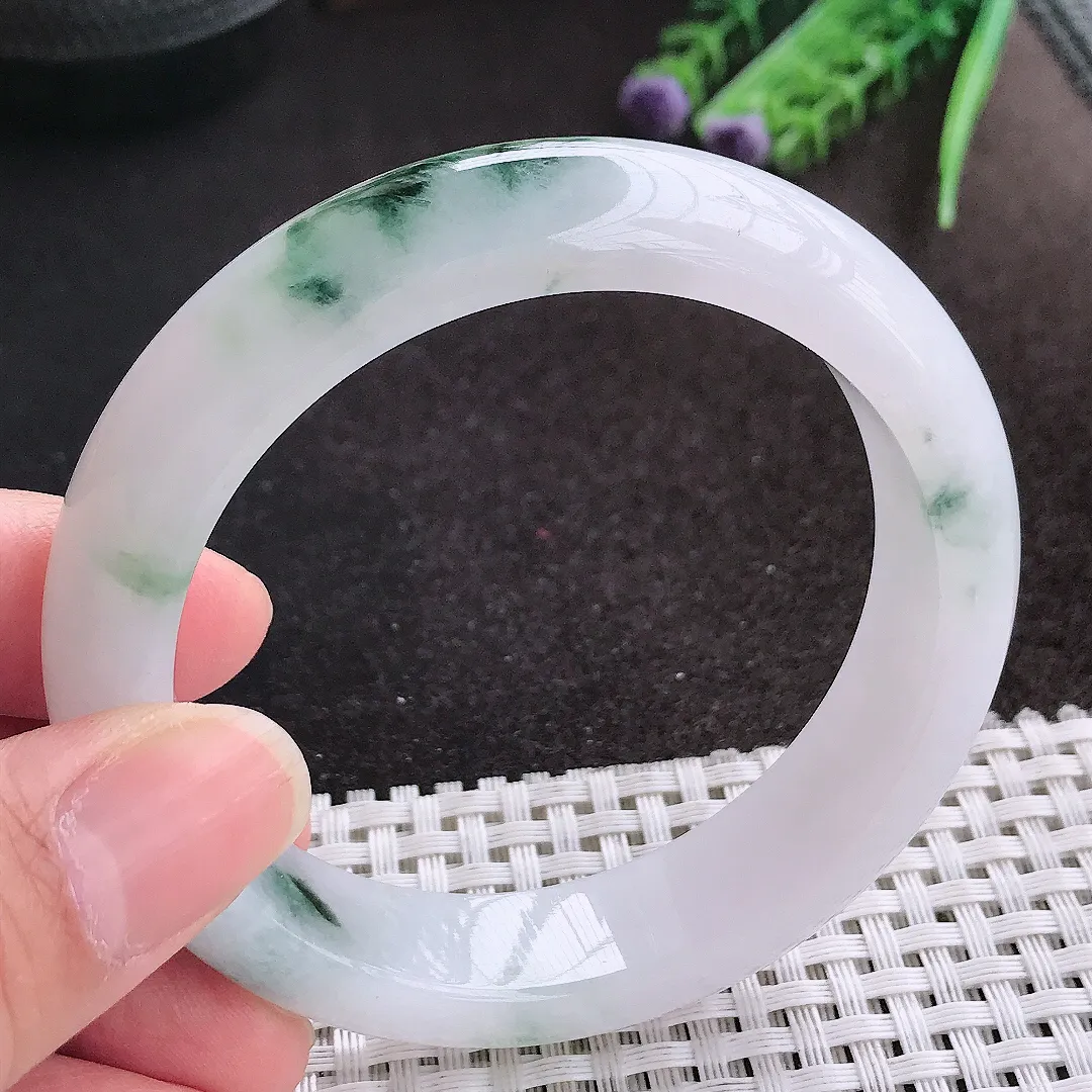 天然A货翡翠56.5/14/8.8老坑冰润起胶飘花手镯宽边玉镯