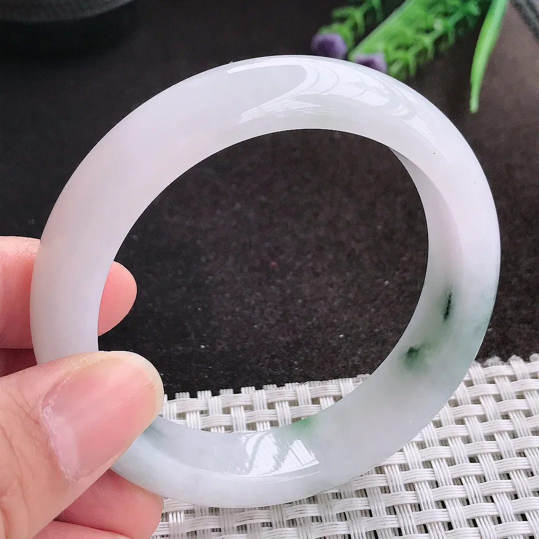 天然A货翡翠56.5/14/8.8老坑冰润起胶飘花手镯宽边玉镯