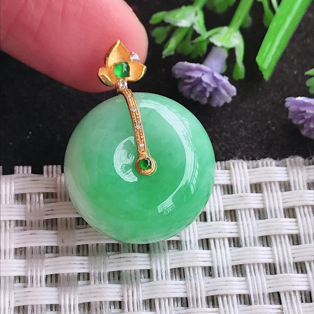 天然A货翡翠20/12.8老坑18k金镶嵌温润飘阳绿转运珠路路通吊坠翡翠平安扣挂件