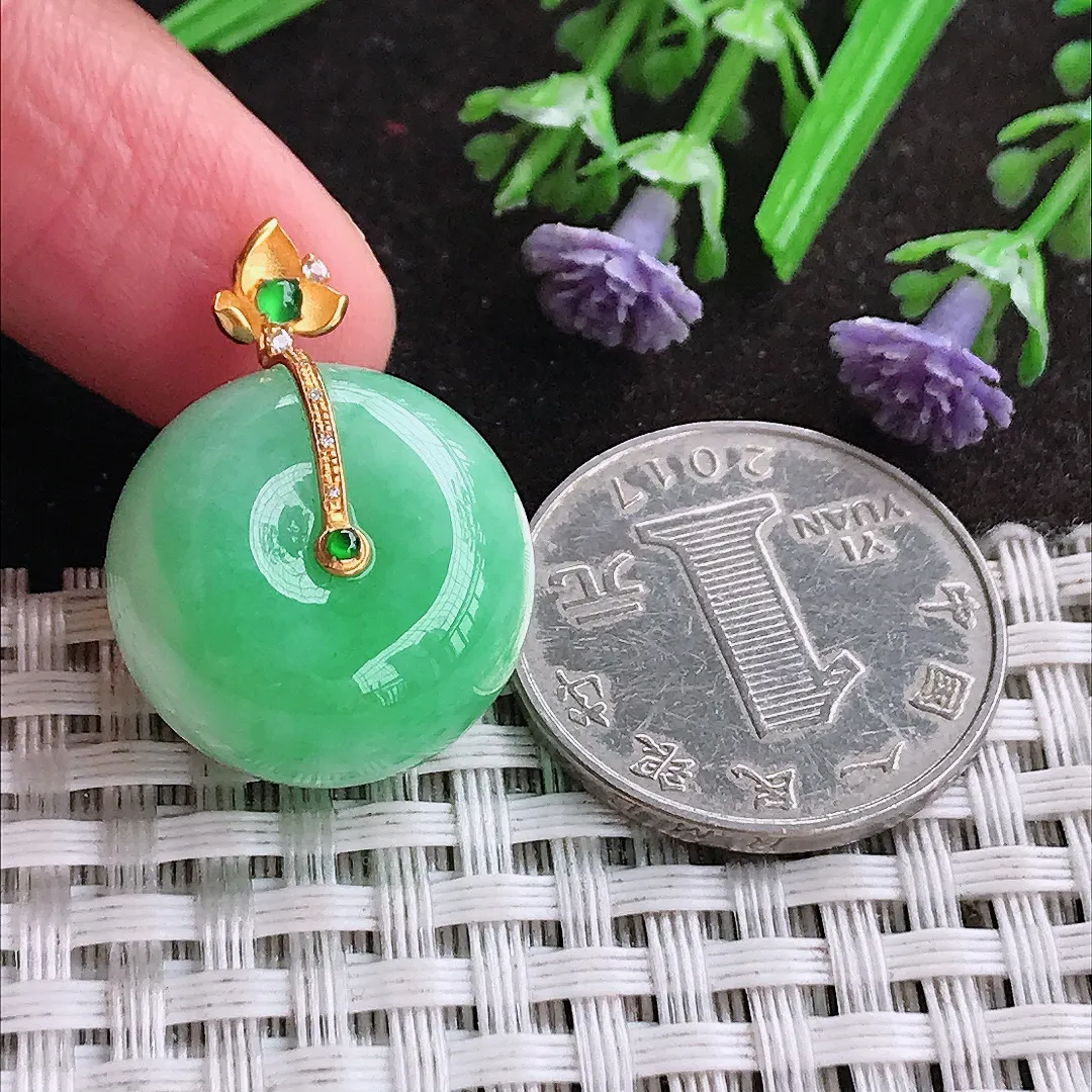 天然A货翡翠20/12.8老坑18k金镶嵌温润飘阳绿转运珠路路通吊坠翡翠平安扣挂件