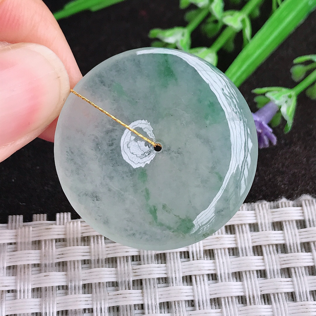 天然A货翡翠31.7/5.3老坑冰透果冻胶冰飘花平安扣吊坠翡翠玉扣挂件