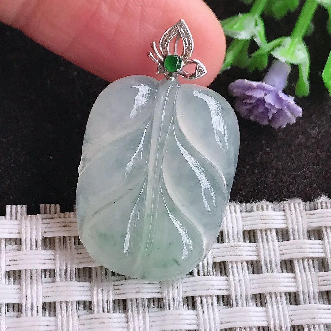 天然A货翡翠24.3/18.7/5.6老坑18k金镶嵌冰胶果冻冰晴叶子吊坠翡翠挂件