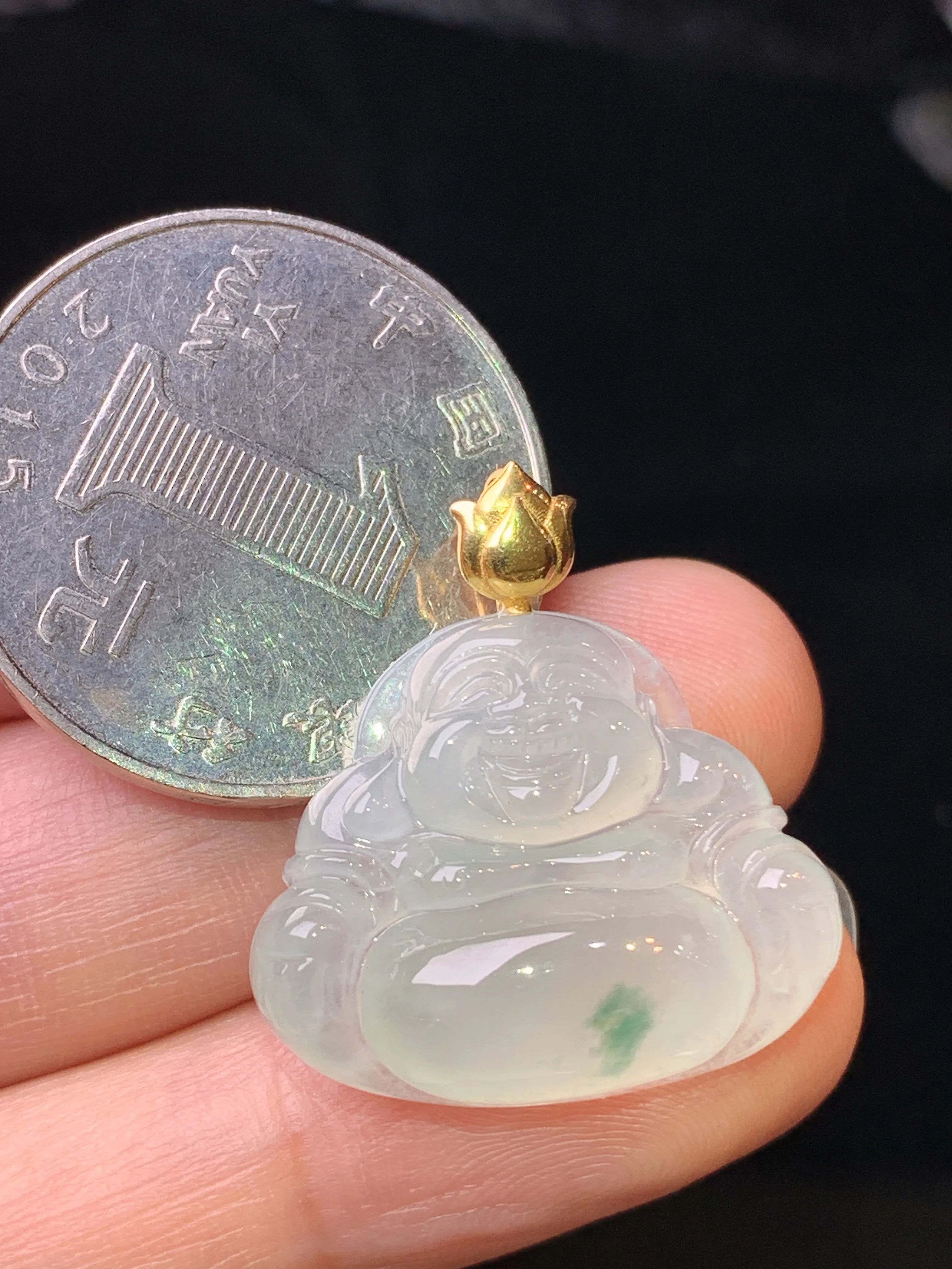 18k金镶嵌冰种佛公吊坠 玉质细腻 水润亮眼 色泽艳丽 整体尺寸25*23*6.8