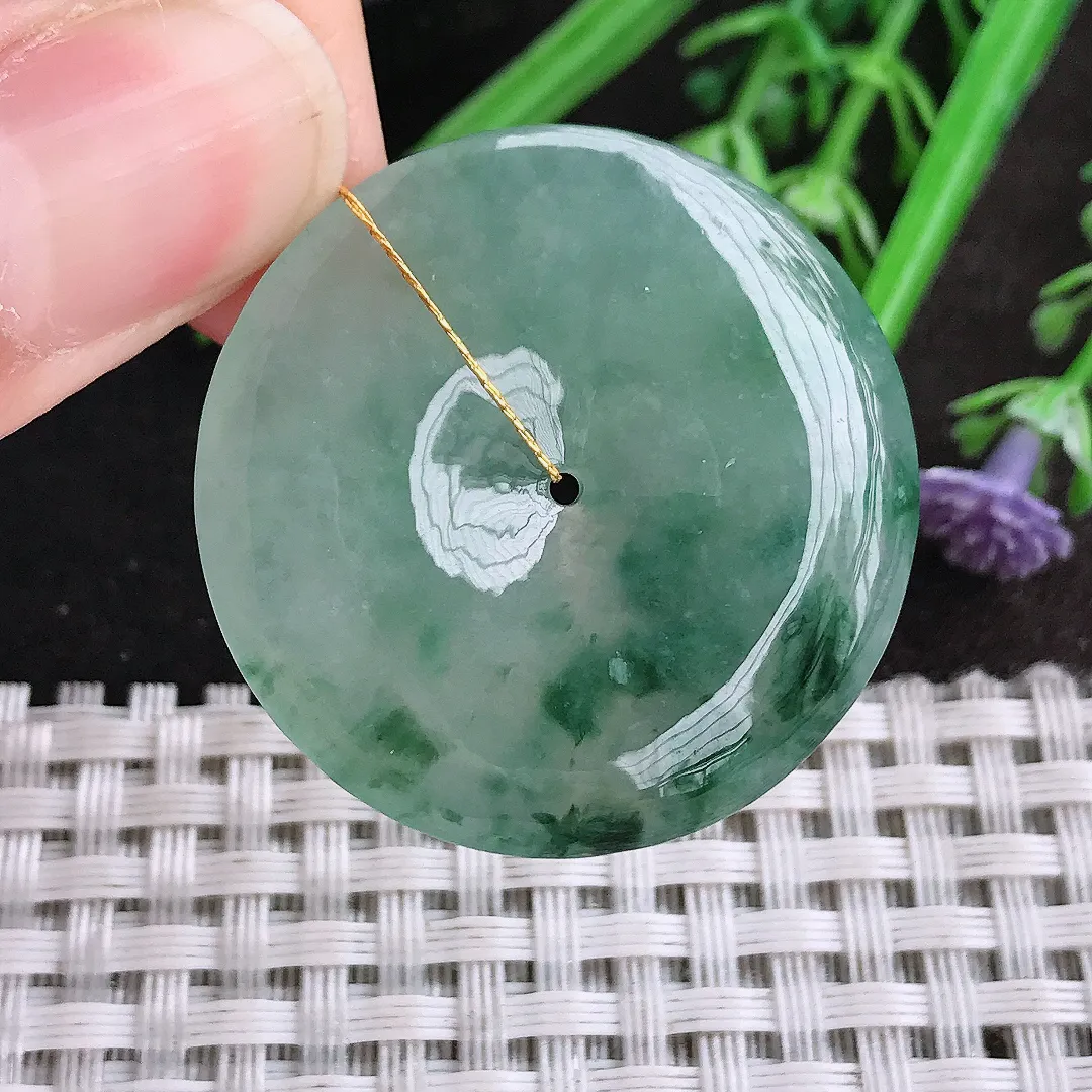 天然A货翡翠34/5.4老坑冰胶水灵飘花平安扣吊坠翡翠玉扣