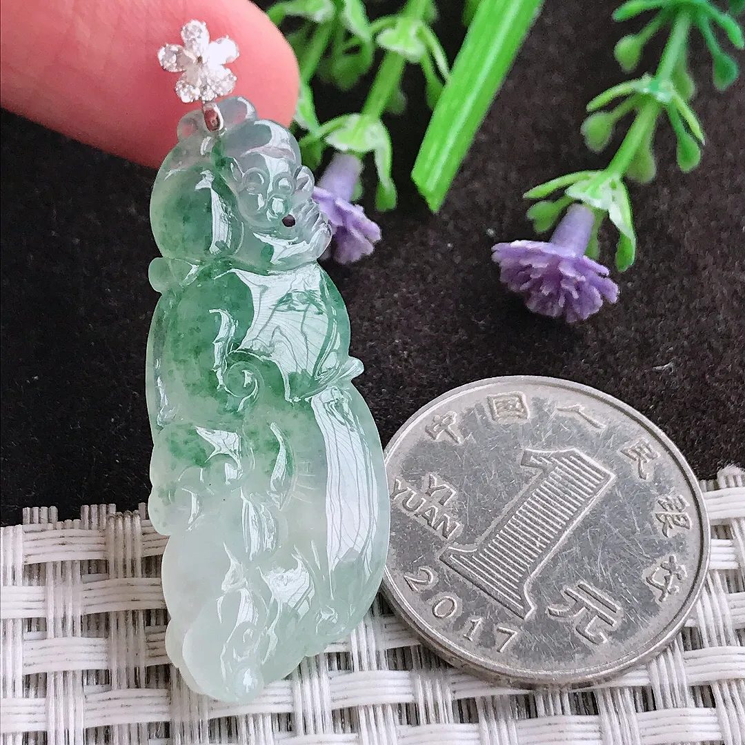 天然A货翡翠42/17.2/6.3老坑18k金镶嵌冰胶果冻飘花如意吊坠翡翠挂件