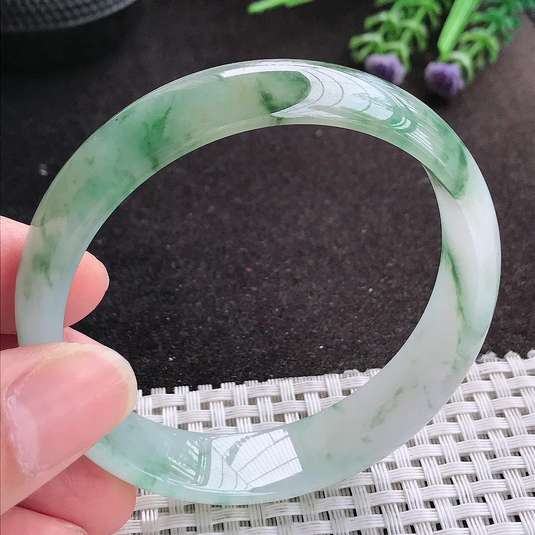 天然A货翡翠58.5/14.8/6.5老坑冰胶果冻冰飘花手镯宽边玉镯