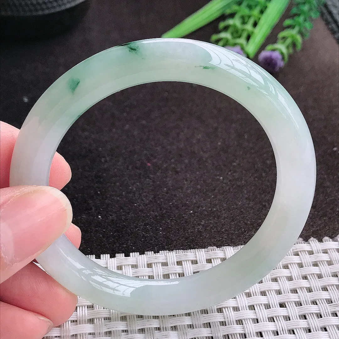 天然A货翡翠53.5/9.1老坑冰胶果冻飘花圆条手镯玉镯