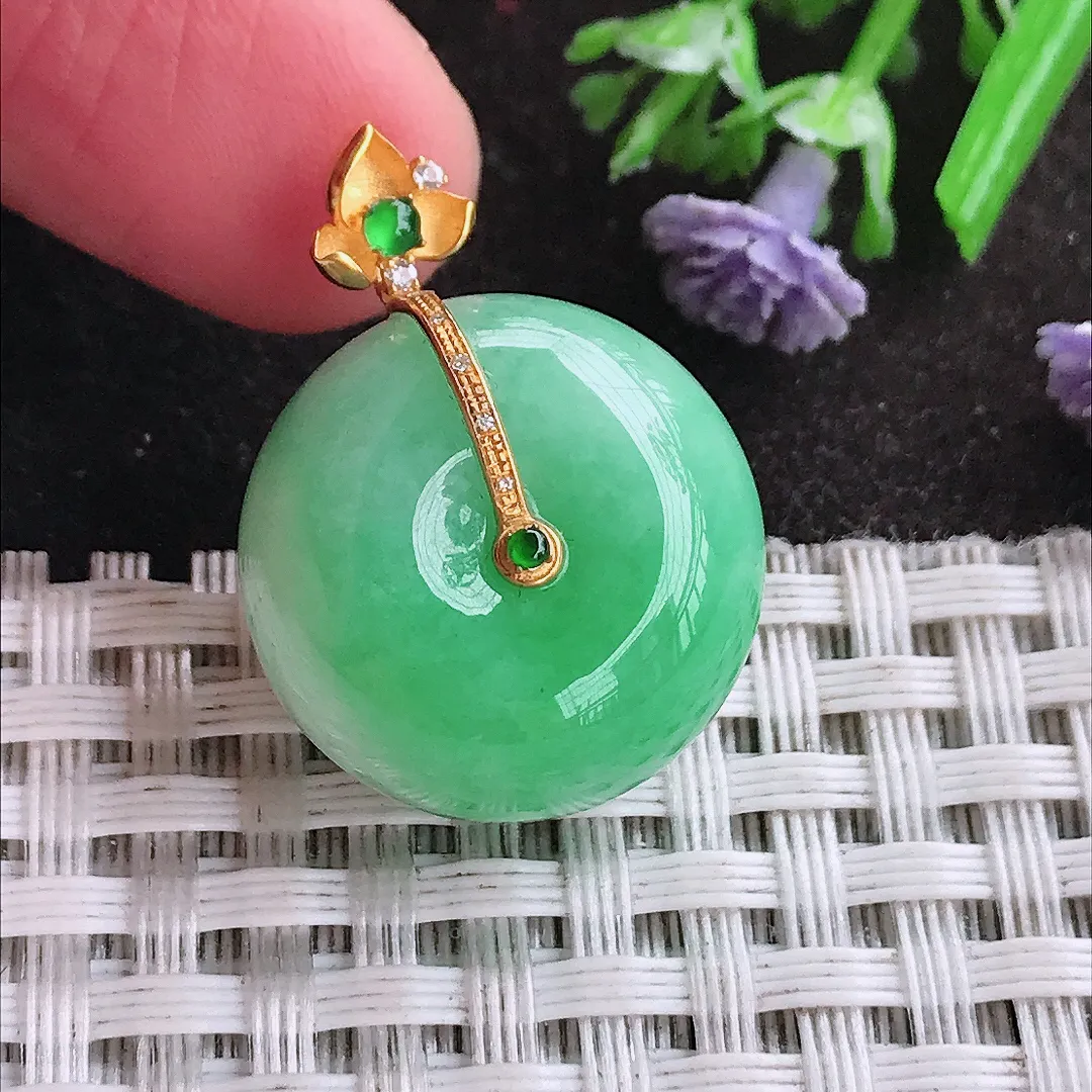 天然A货翡翠20/12.8老坑18k金镶嵌温润飘阳绿转运珠路路通吊坠翡翠平安扣挂件