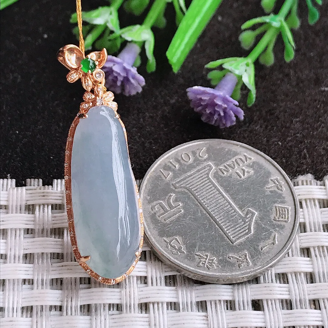 天然A货翡翠37/11/7.8老坑18k金镶嵌冰胶果冻紫罗兰福瓜吊坠翡翠挂件