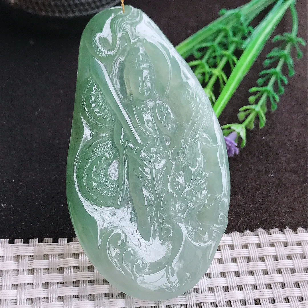 天然A货翡翠80/46.6/5.6老坑冰胶果冻冰晴绿御龙观音吊坠翡翠挂件