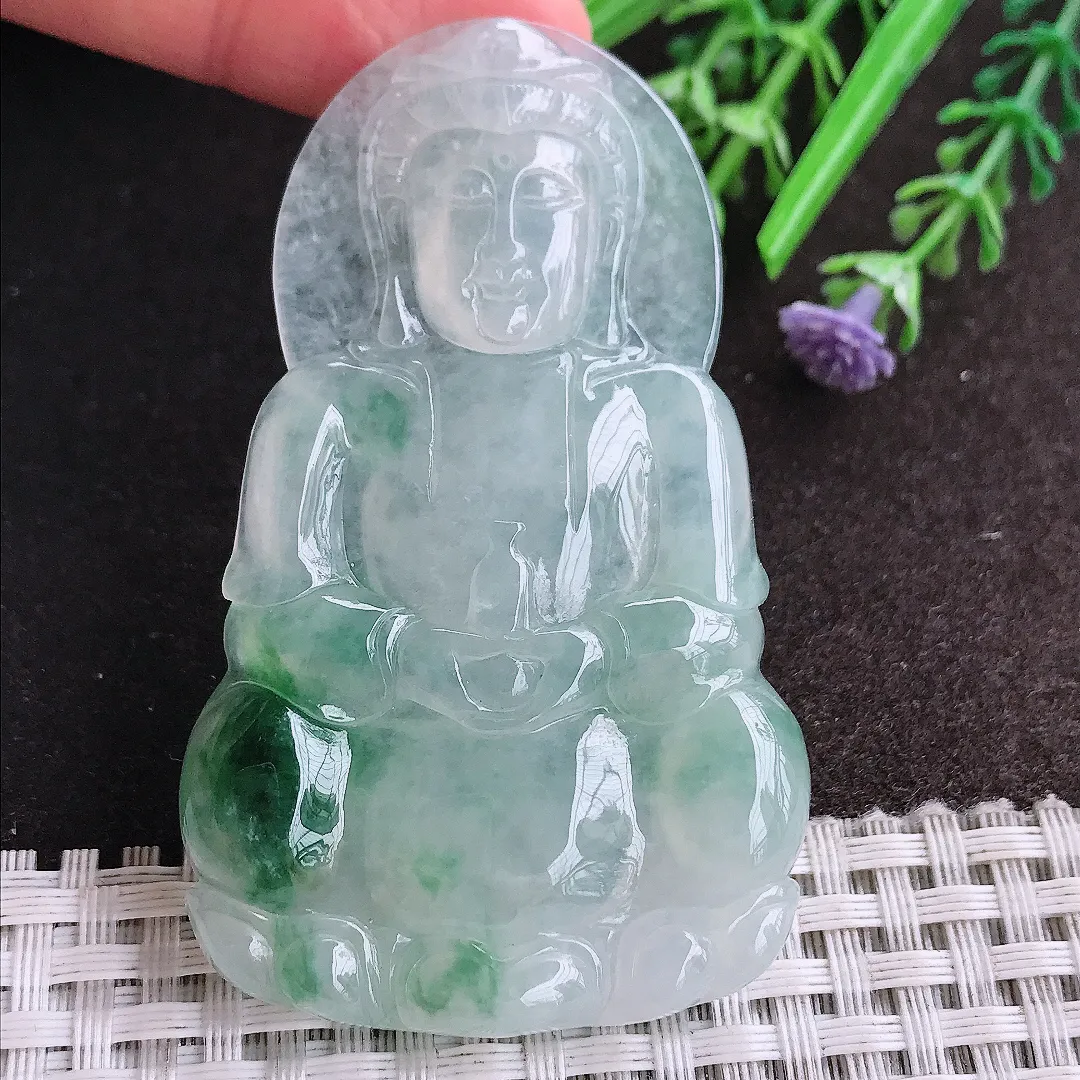 天然A货翡翠67.3/41/6.1老坑18k金镶嵌冰胶果冻冰飘花正装观音吊坠翡翠玉观音