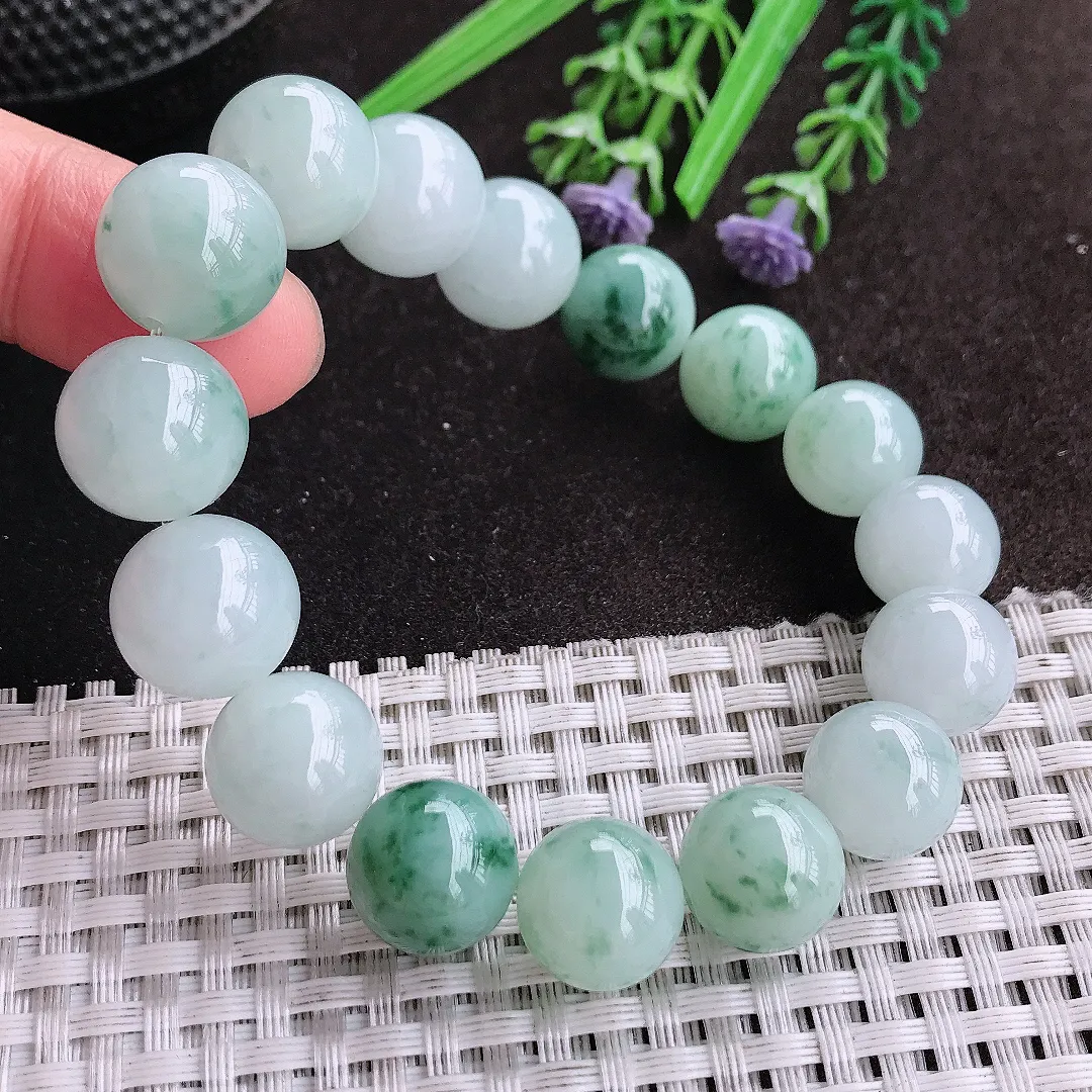 天然A货翡翠13.5/16颗老坑精美冰润飘花圆珠手链玉珠珠串