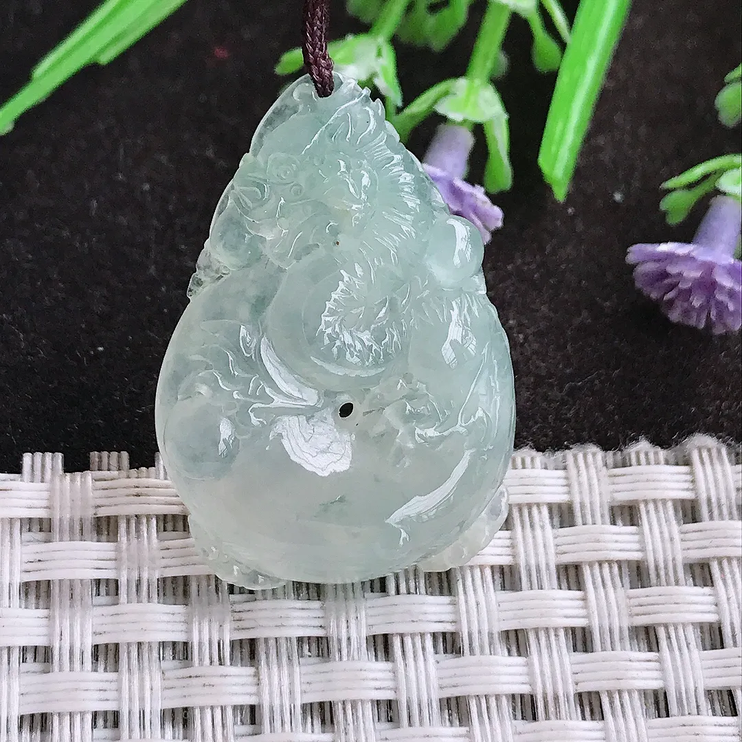 天然A货翡翠31.3/22.5/6.5老坑冰透果冻胶冰飘花龙牌吊坠翡翠龙行天下挂件