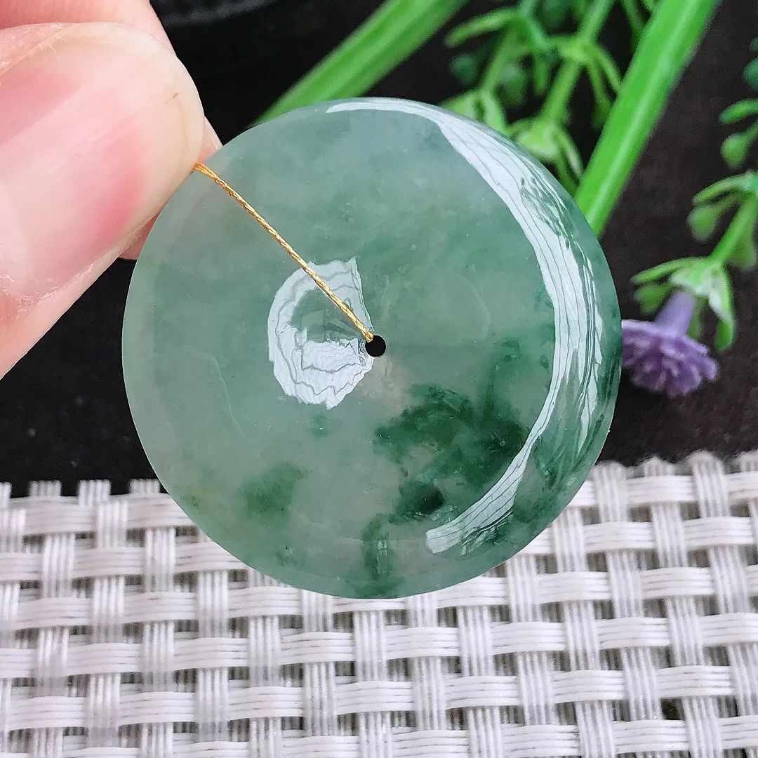 天然A货翡翠34/5.4老坑冰胶水灵飘花平安扣吊坠翡翠玉扣