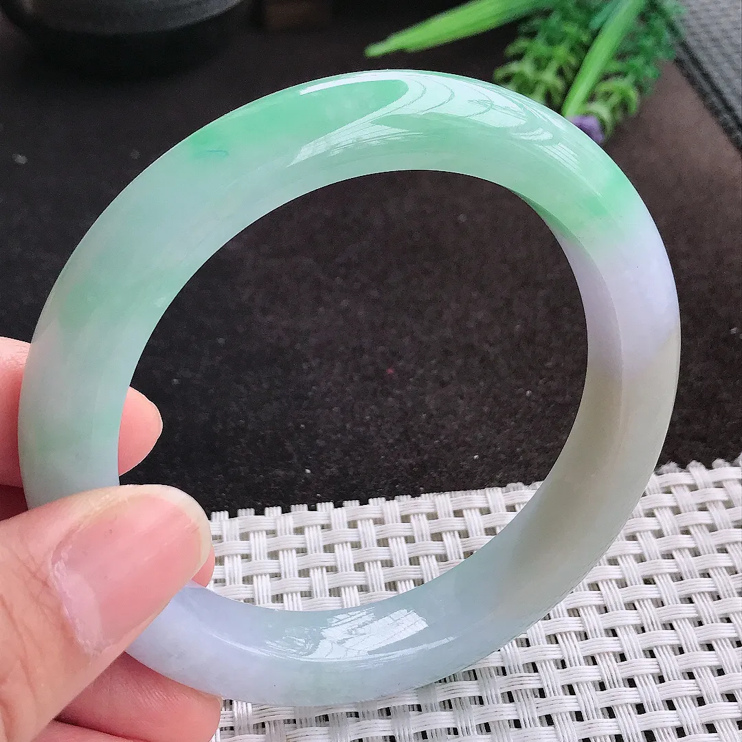 天然A货翡翠61.5/12.4/10.3老坑冰润大圈口春带彩手镯宽边玉镯