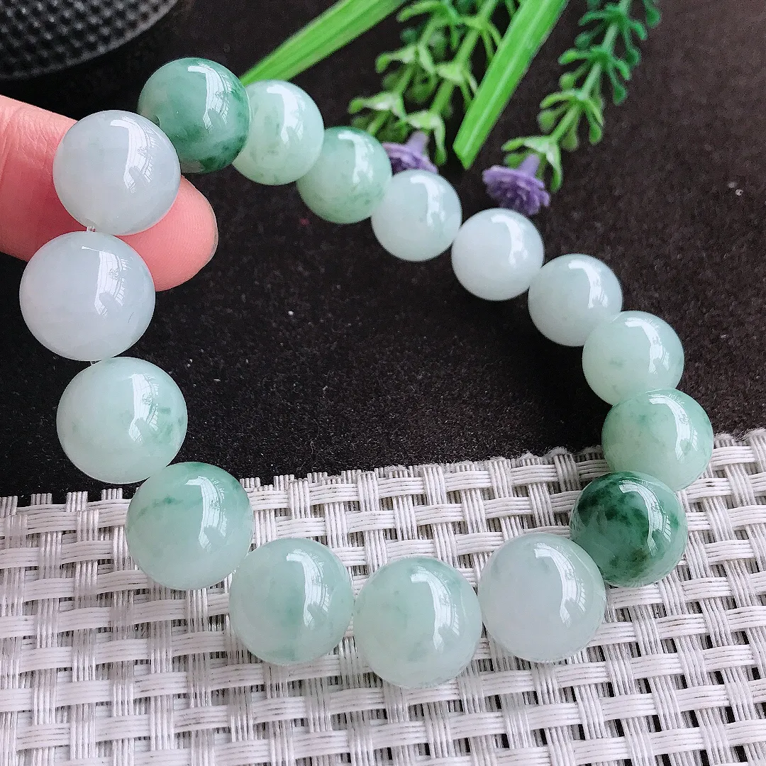 天然A货翡翠13.5/16颗老坑精美冰润飘花圆珠手链玉珠珠串