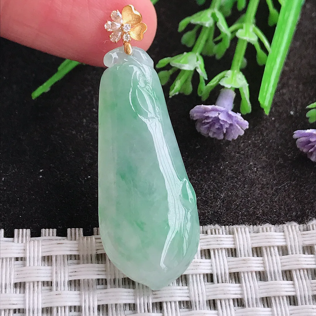 天然A货翡翠36/15.5/5.3老坑18k金镶嵌冰胶冰晴福瓜吊坠翡翠挂件