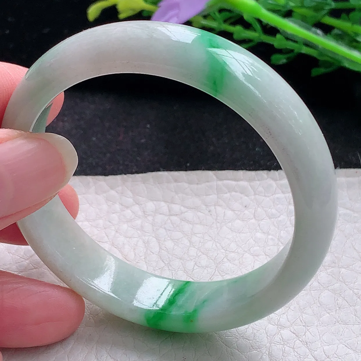 xx小圈口51*12.3*6.8平安镯 翡翠a货玉手镯飘绿宽边珠宝玉手环