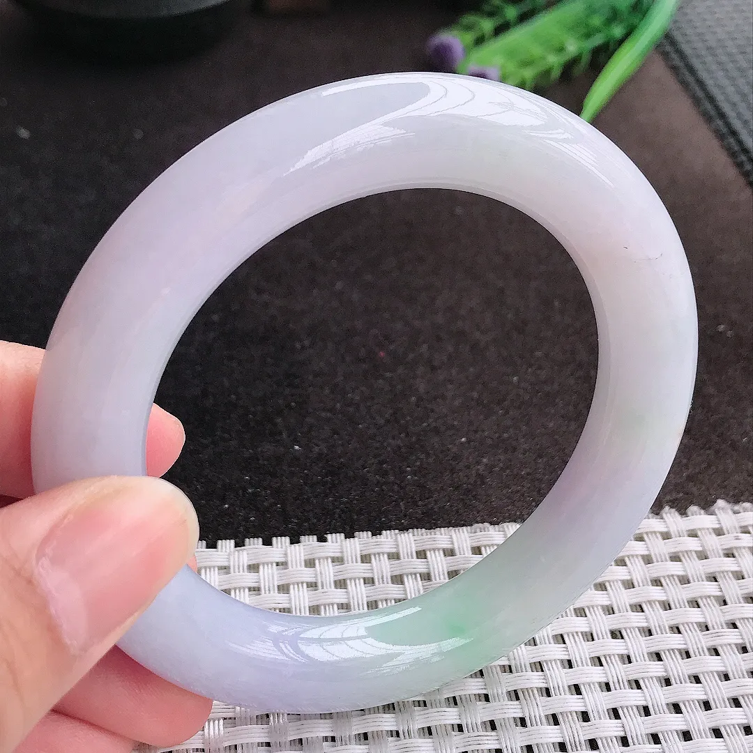 天然A货翡翠57.5/11.5/12老坑秀气冰润浅紫罗兰圆条手镯玉镯