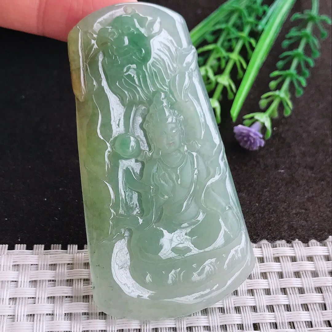 天然A货翡翠75/41/5老坑冰润起胶冰晴绿文殊菩萨吊坠翡翠挂件