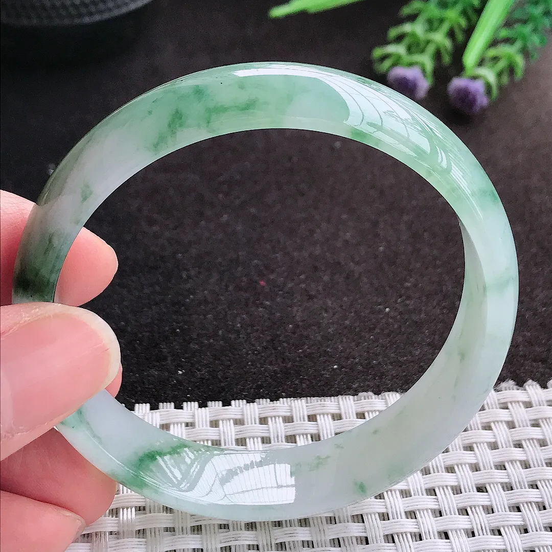 天然A货翡翠58.5/14.8/6.5老坑冰胶果冻冰飘花手镯宽边玉镯