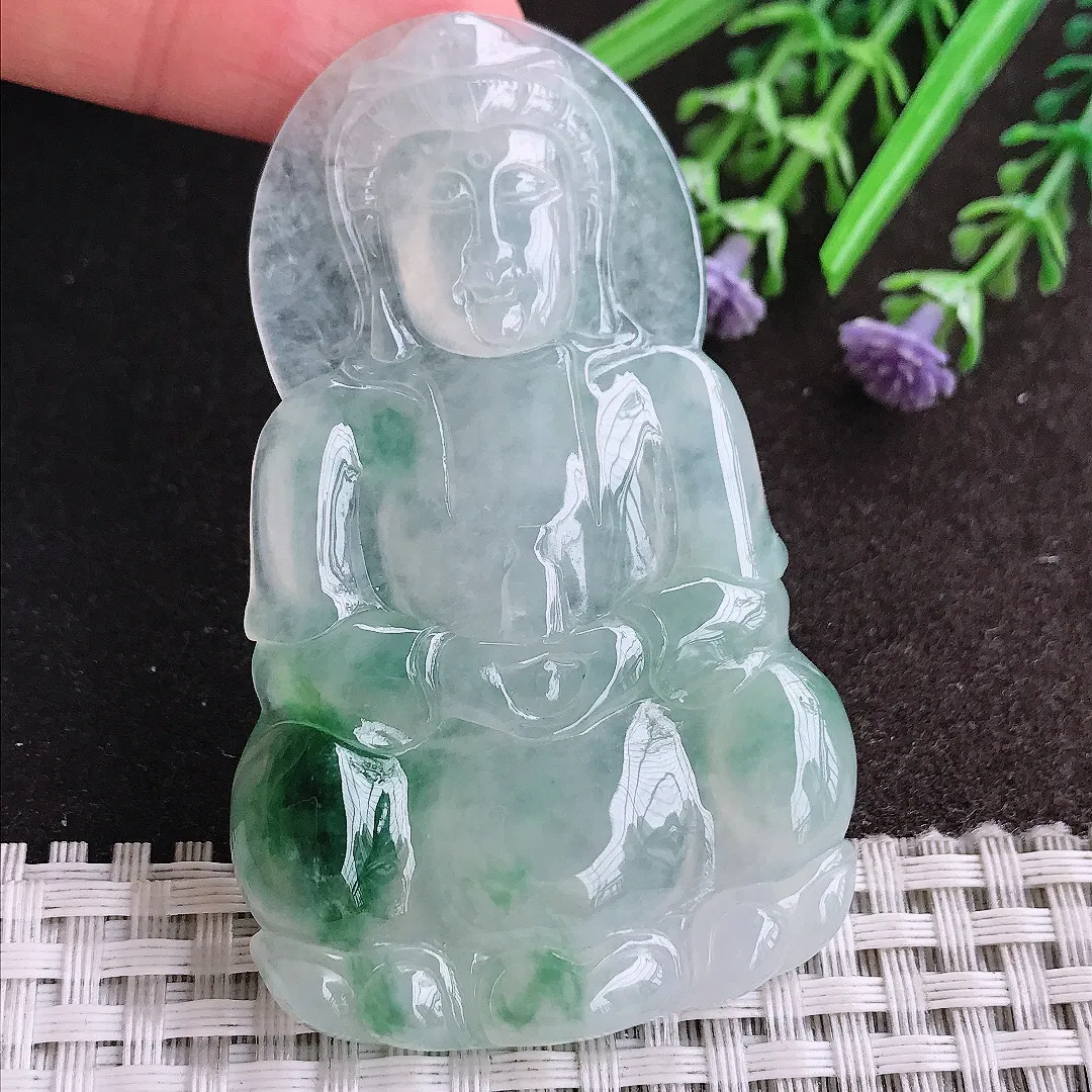 天然A货翡翠67.3/41/6.1老坑18k金镶嵌冰胶果冻冰飘花正装观音吊坠翡翠玉观音