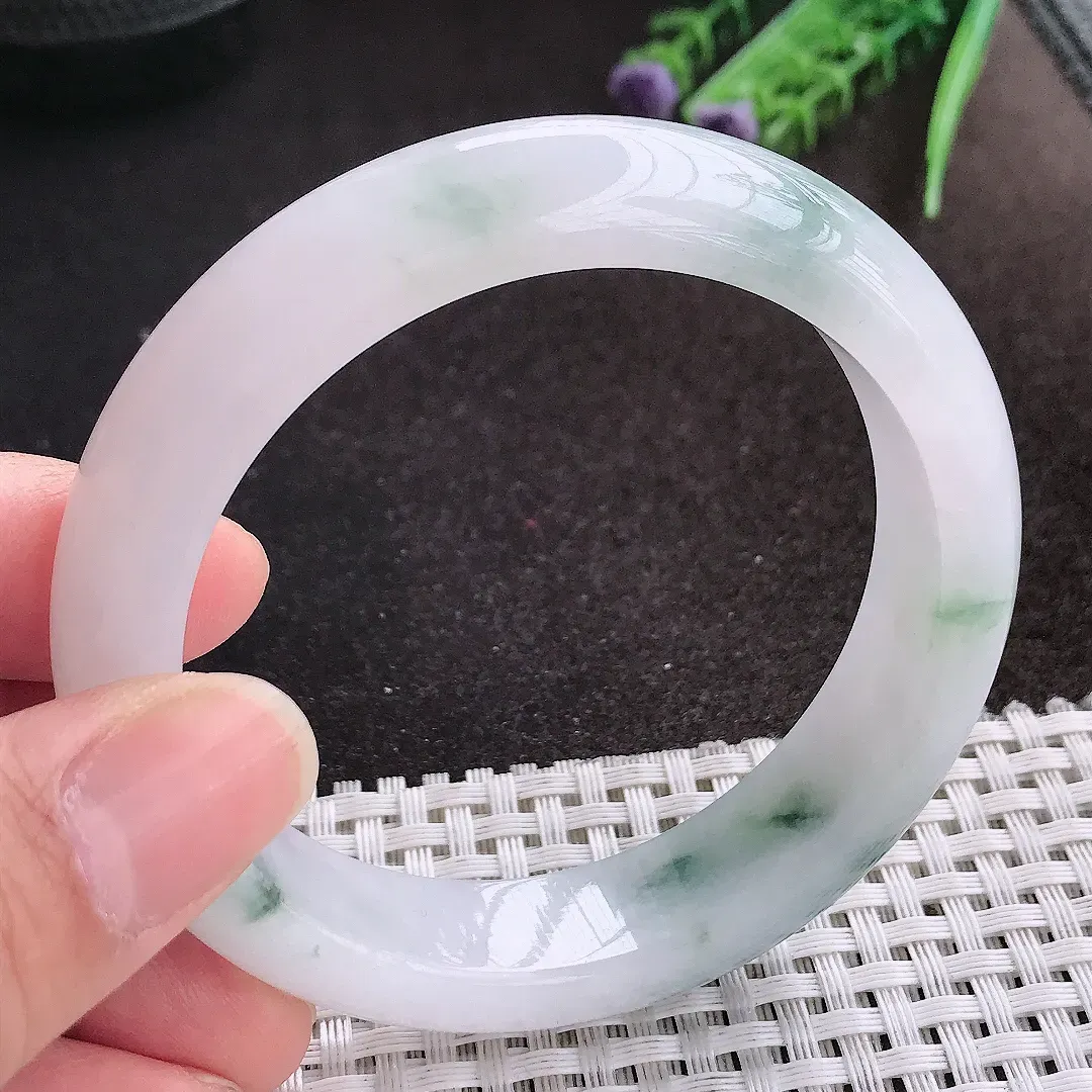 天然A货翡翠56.5/14/8.8老坑冰润起胶飘花手镯宽边玉镯