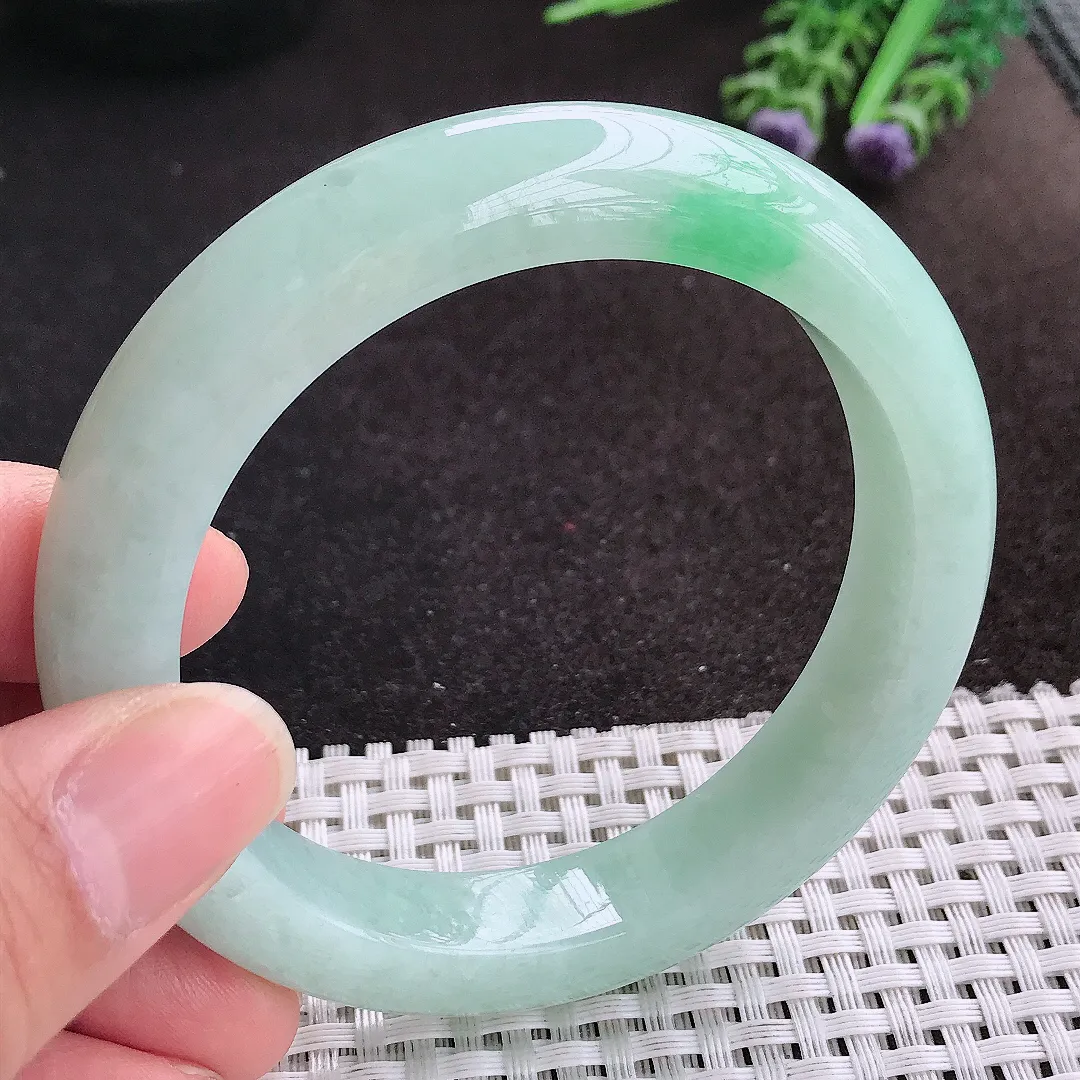 天然A货翡翠58.5/12.5/9.7老坑秀气冰润冰晴绿手镯宽边玉镯