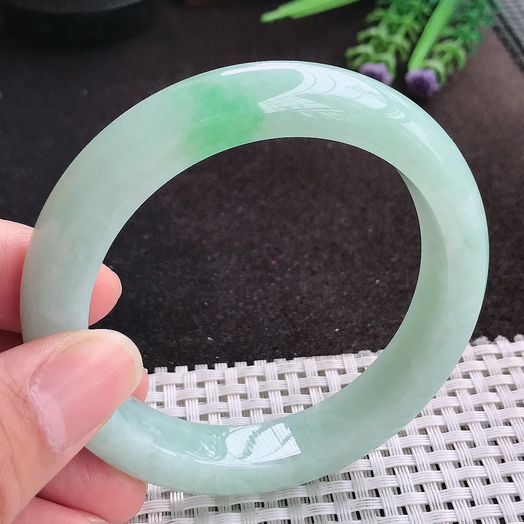 天然A货翡翠58.5/12.5/9.7老坑秀气冰润冰晴绿手镯宽边玉镯