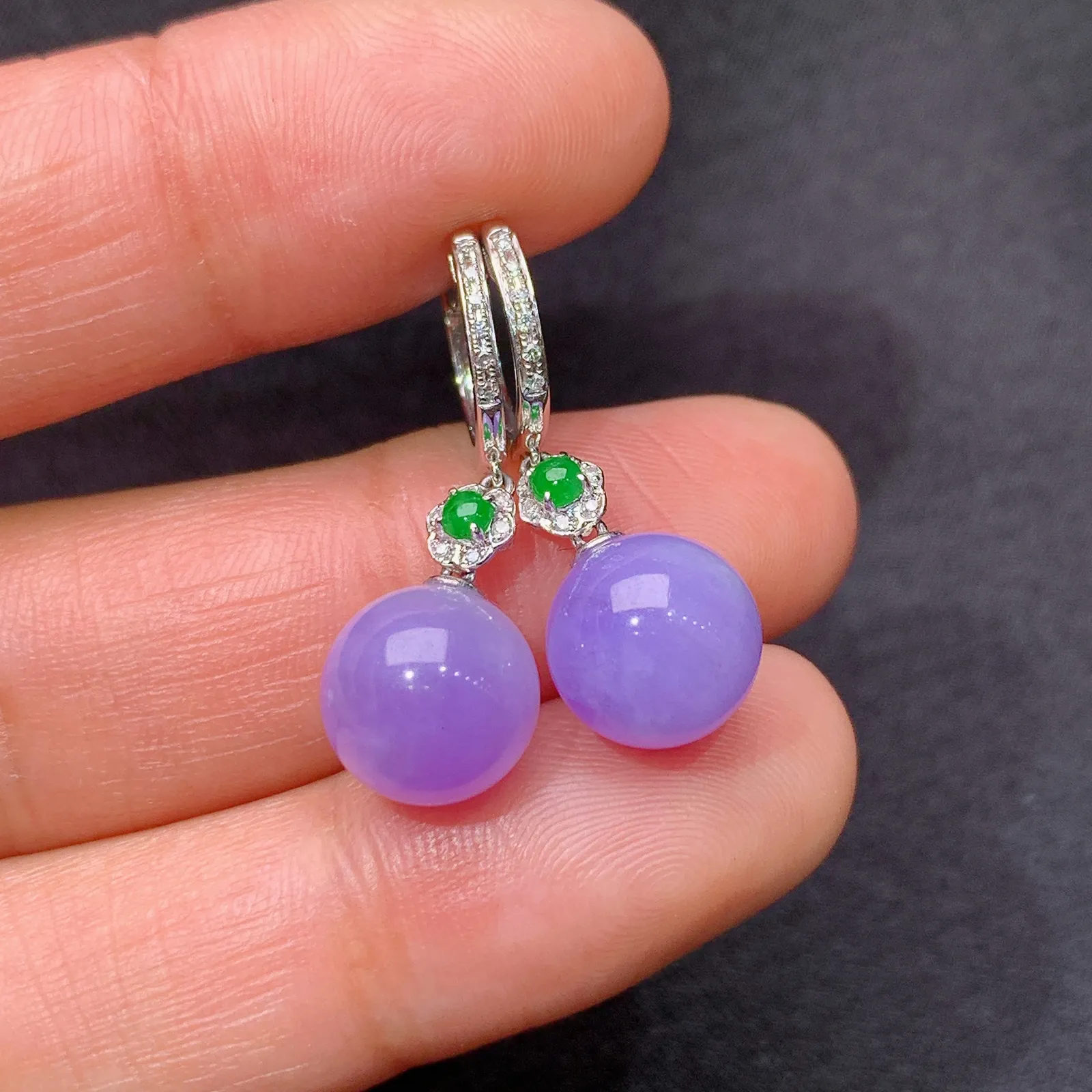 紫罗兰圆珠耳坠，简约时尚，18k金镶嵌，冰润鲜艳，种水足，Xyg 直径9