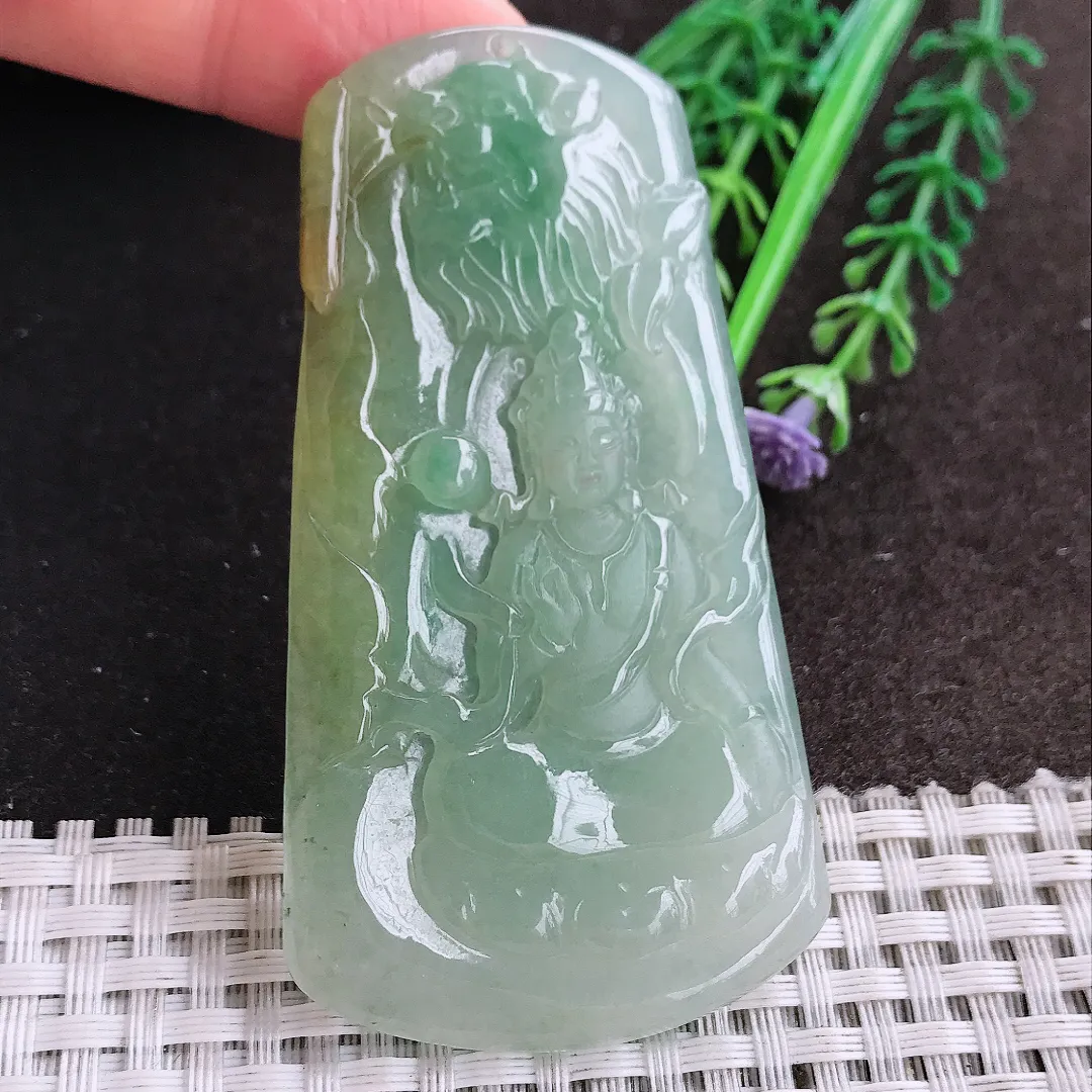 天然A货翡翠75/41/5老坑冰润起胶冰晴绿文殊菩萨吊坠翡翠挂件