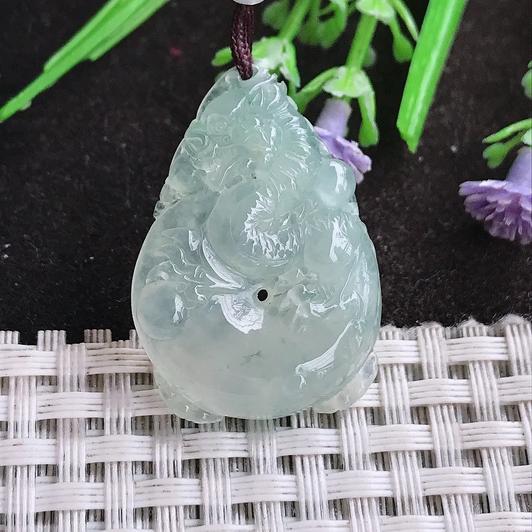 天然A货翡翠31.3/22.5/6.5老坑冰透果冻胶冰飘花龙牌吊坠翡翠龙行天下挂件