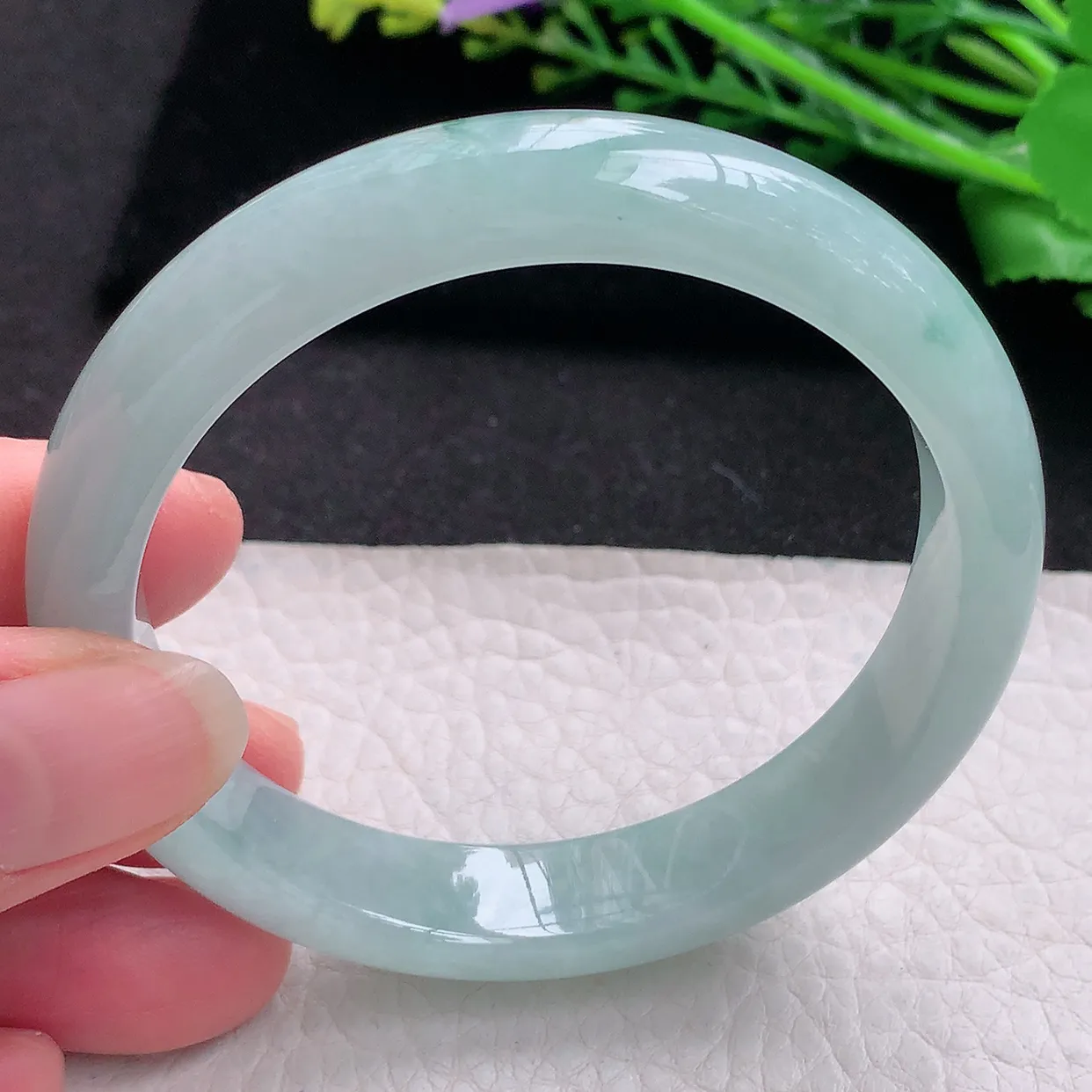 nr自然光57.5*12*7.5平安镯 翡翠a货玉手镯冰飘花秀气宽边玉手环