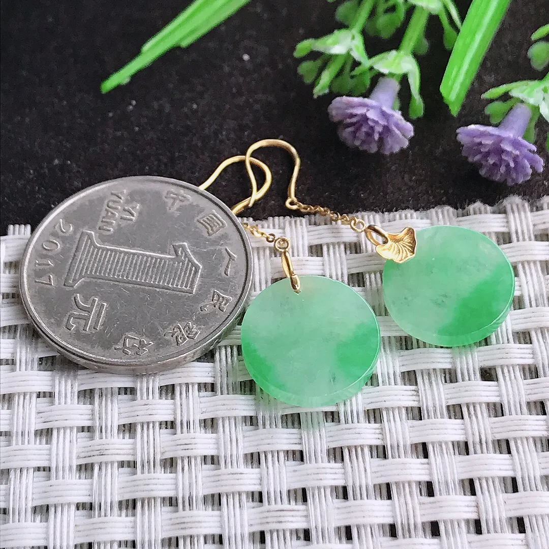 天然A货翡翠14.3/2.7老坑18k金镶嵌冰阳绿无事牌耳坠女款