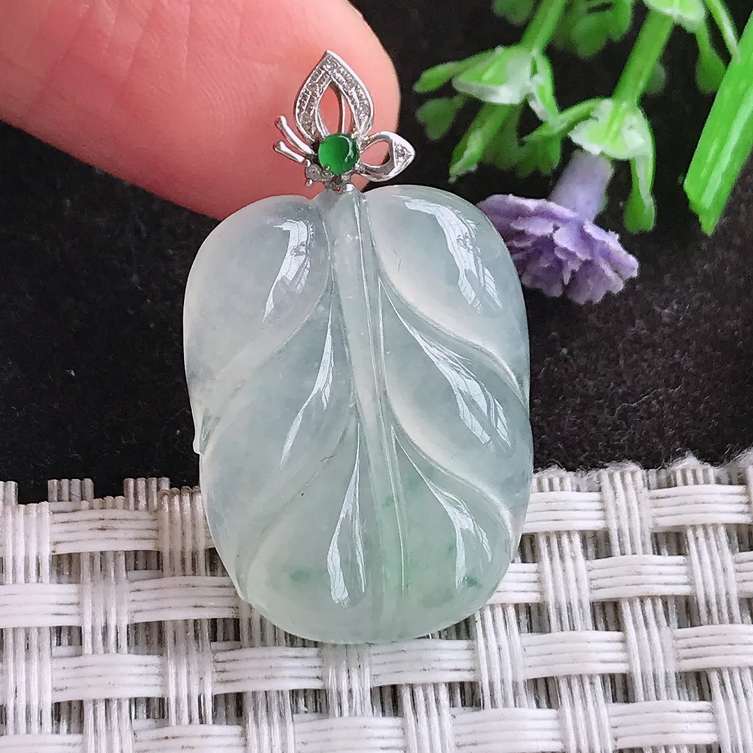 天然A货翡翠24.3/18.7/5.6老坑18k金镶嵌冰胶果冻冰晴叶子吊坠翡翠挂件