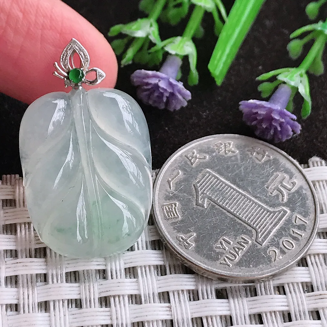 天然A货翡翠24.3/18.7/5.6老坑18k金镶嵌冰胶果冻冰晴叶子吊坠翡翠挂件