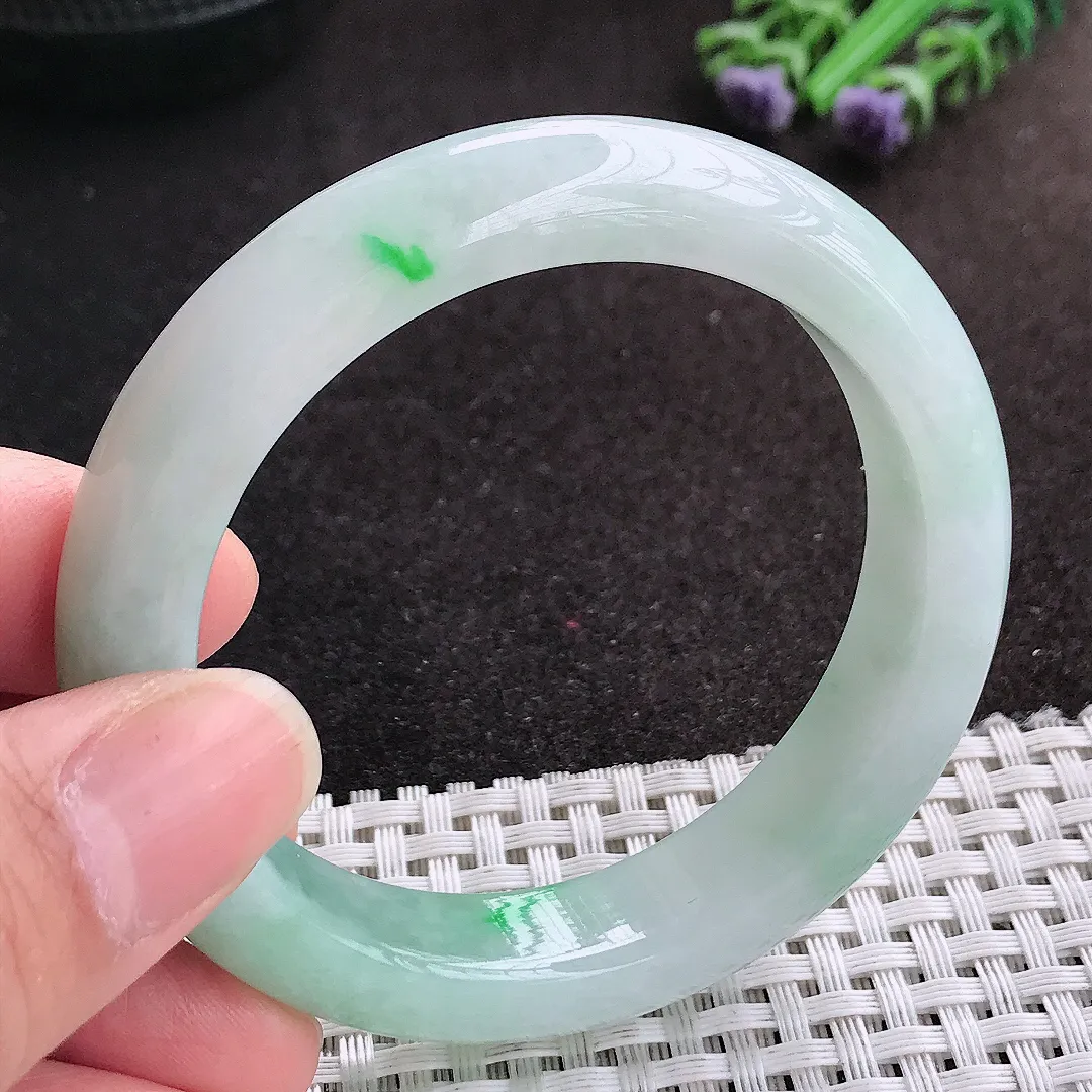 天然A货翡翠52.8/12.4/8.6老坑冰润起胶飘绿手镯宽边玉镯