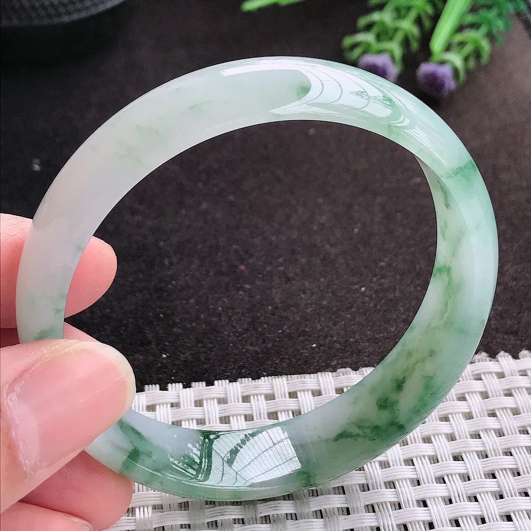 天然A货翡翠58.5/14.8/6.5老坑冰胶果冻冰飘花手镯宽边玉镯