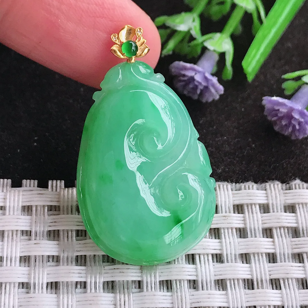 天然A货翡翠30/21/5.7老坑18k金镶嵌冰润起胶满绿阳绿如意吊坠翡翠挂件
