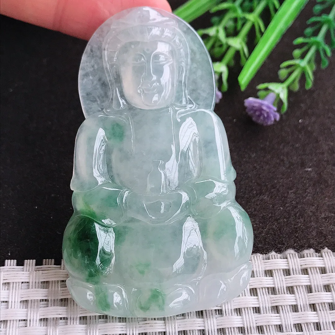 天然A货翡翠67.3/41/6.1老坑18k金镶嵌冰胶果冻冰飘花正装观音吊坠翡翠玉观音