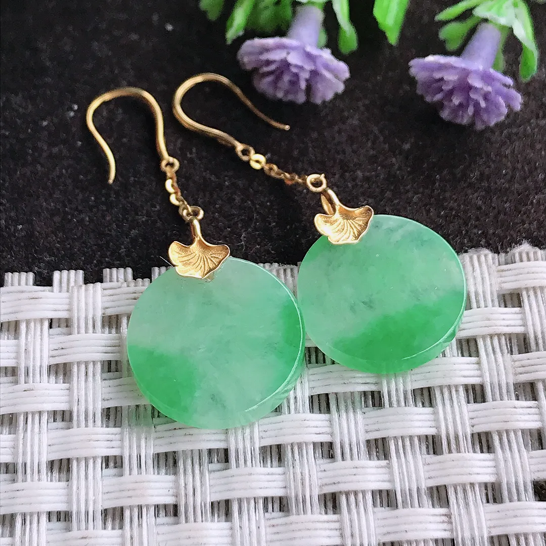 天然A货翡翠14.3/2.7老坑18k金镶嵌冰阳绿无事牌耳坠女款