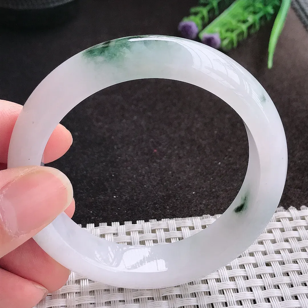 天然A货翡翠56.5/14/8.8老坑冰润起胶飘花手镯宽边玉镯