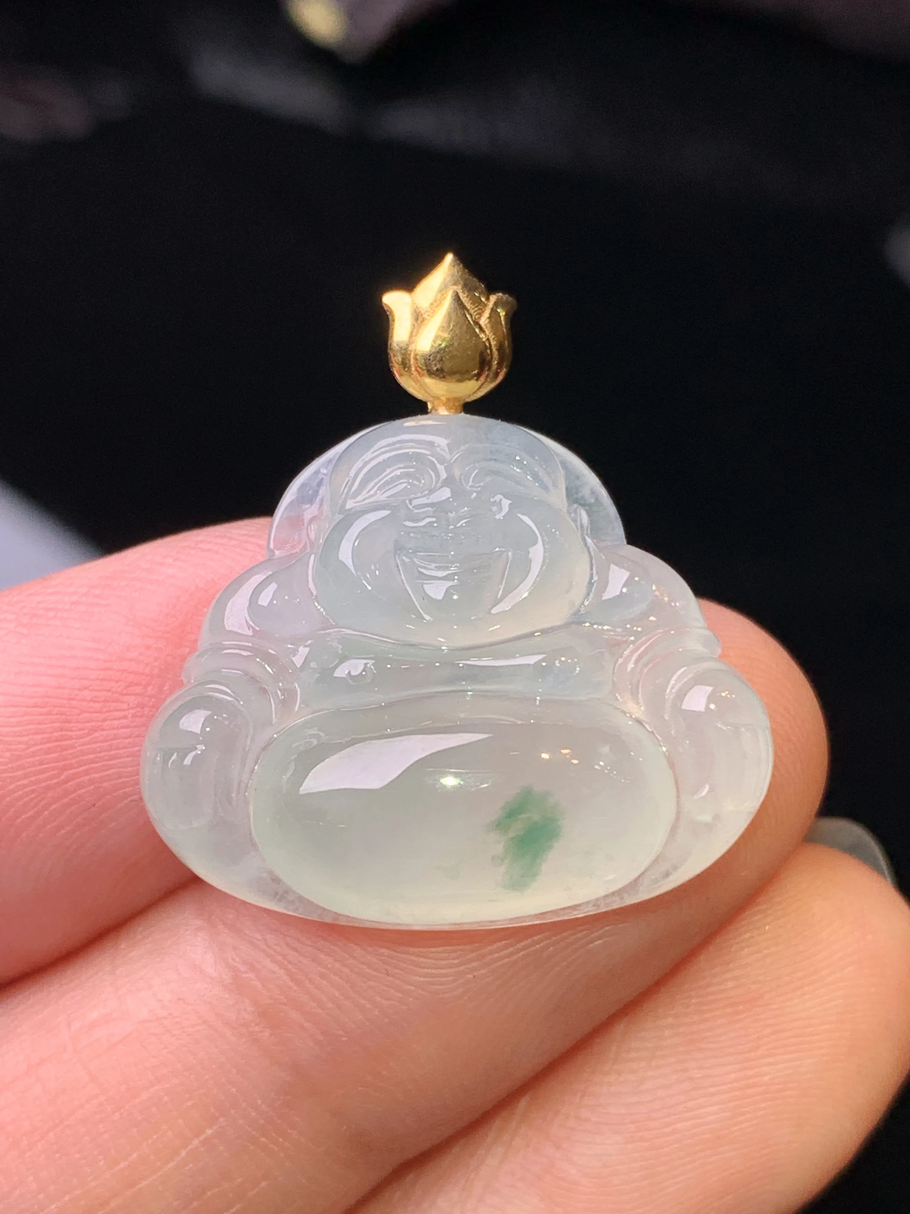 18k金镶嵌冰种佛公吊坠 玉质细腻 水润亮眼 色泽艳丽 整体尺寸25*23*6.8