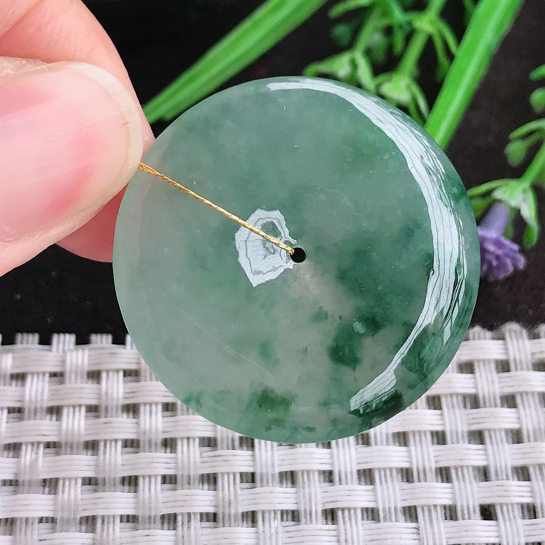 天然A货翡翠34/5.4老坑冰胶水灵飘花平安扣吊坠翡翠玉扣