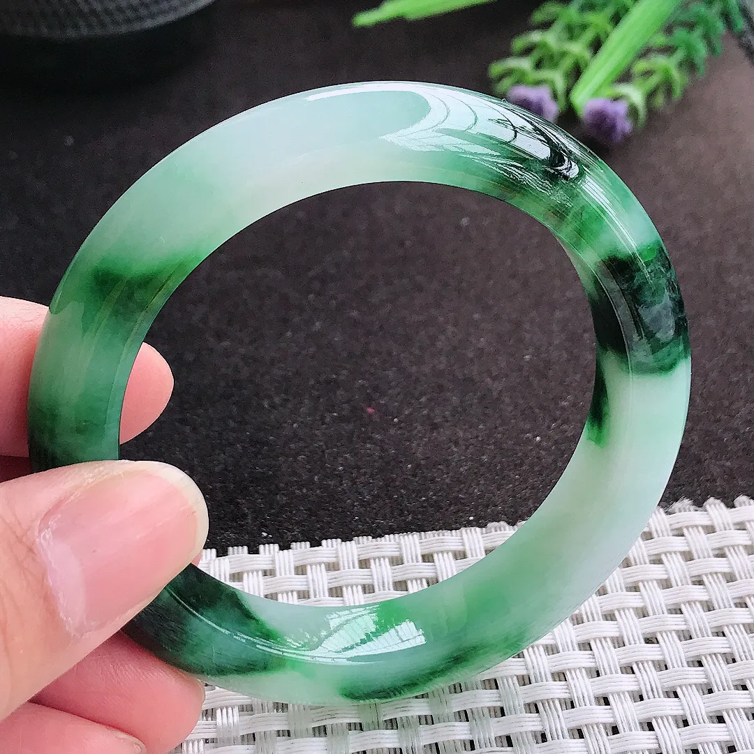 天然A货翡翠54.8/12/9老坑精美冰润飘绿手镯宽边玉镯