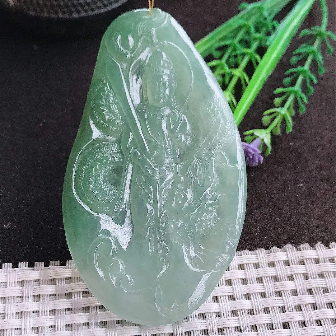 天然A货翡翠80/46.6/5.6老坑冰胶果冻冰晴绿御龙观音吊坠翡翠挂件