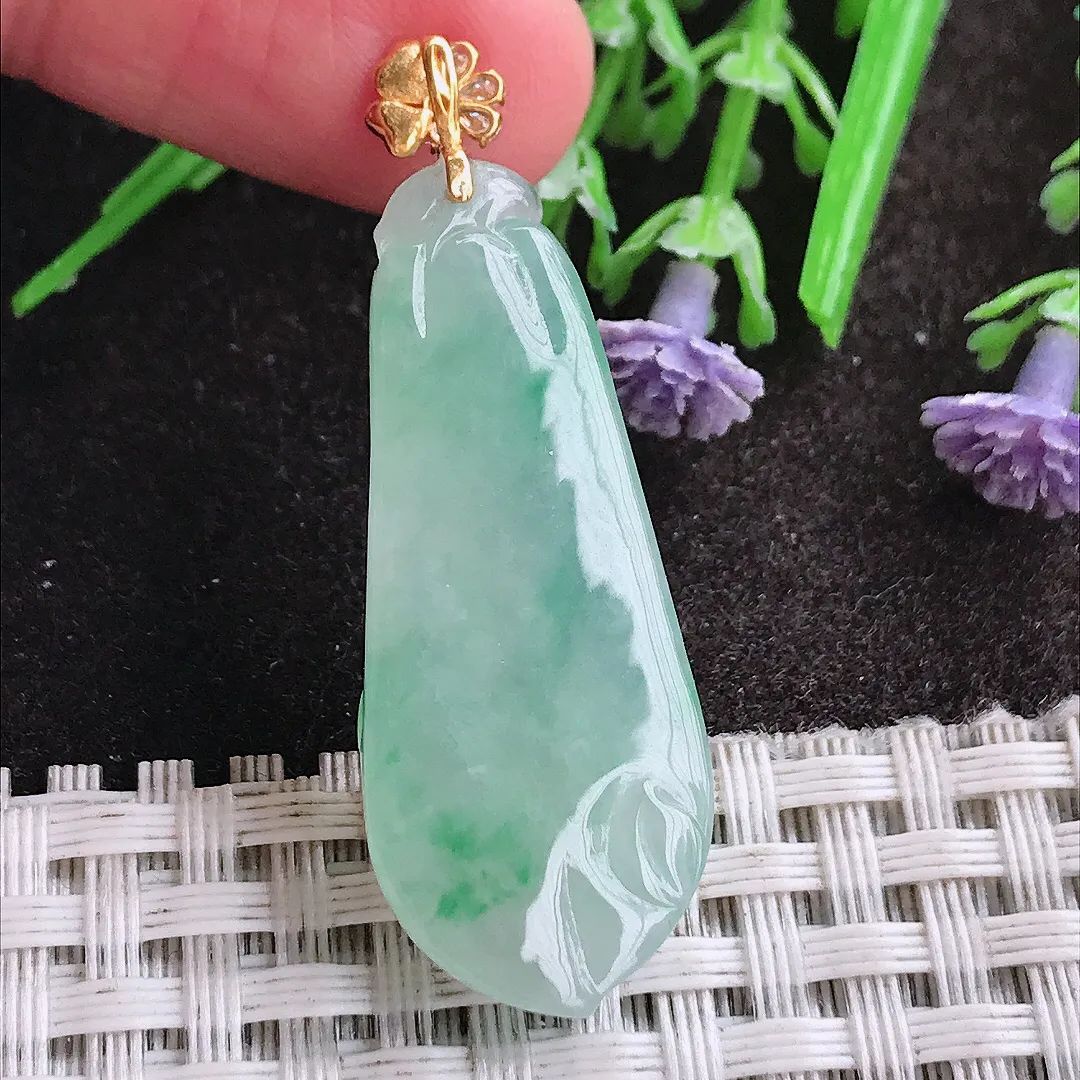 天然A货翡翠36/15.5/5.3老坑18k金镶嵌冰胶冰晴福瓜吊坠翡翠挂件